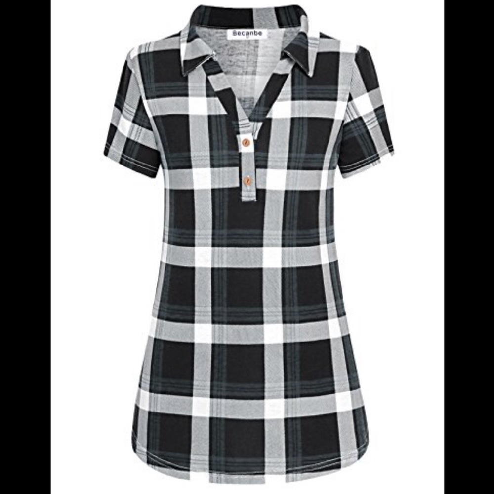 NWT Bencabe Short Sleeve Plaid Collard Top